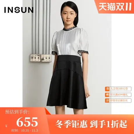 恩裳夏季时尚蕾丝立领短袖修身垂感撞色拼接假两件连衣裙图片