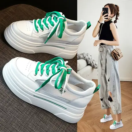 内增高小白鞋女2023新款夏季透气网面薄款松糕厚底真皮休闲单鞋子商品大图