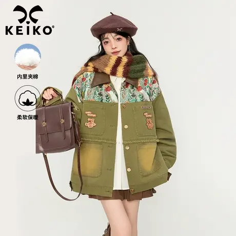 KEIKO [夹棉]高级感提花拼接牛仔外套女冬季美式拼色加厚夹克棉服图片