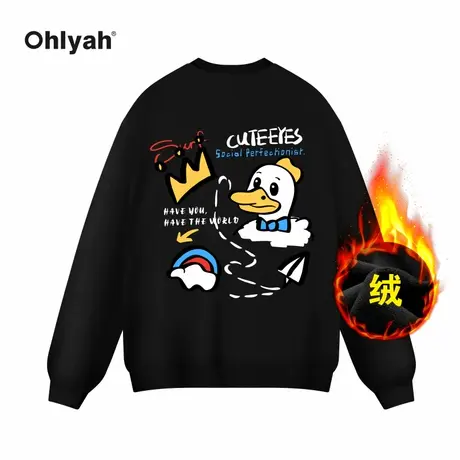 Ohlyah品牌卡通蓝领带小鸭子印花纯棉无帽国风卫衣女秋冬加绒外套商品大图