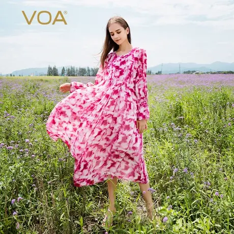 VOA乔其纱桑蚕丝印花圆领喇叭长袖褶皱双层面料甜美真丝连衣裙图片