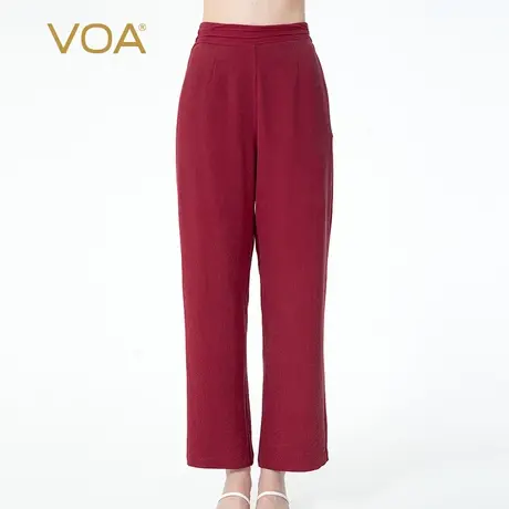 VOA重磅真丝40姆米红后腰松紧侧插口袋撞料不对称设计百搭直筒裤商品大图