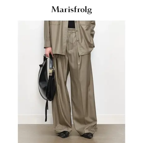 【商场同款】玛丝菲尔秋季新款烟棕色桑蚕丝垂感直筒休闲裤商品大图