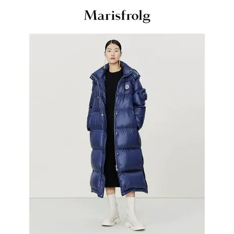 【兜帽设计羽绒服】玛丝菲尔冬季新款蓝色立领长款羽绒服图片