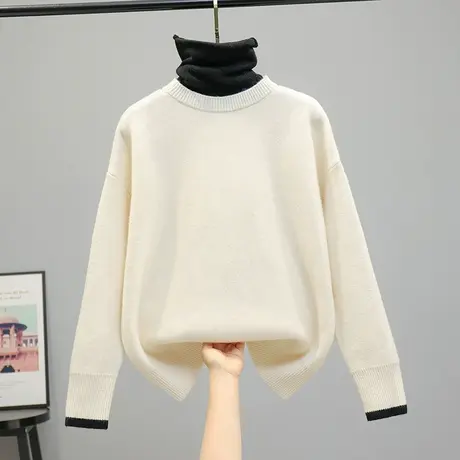 22125新款韩版宽松假两件针织衫高领毛衣女百搭打底衫长袖上衣图片