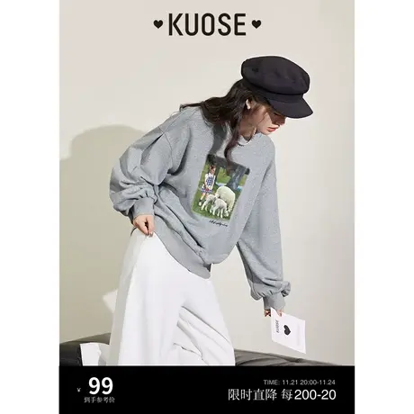 阔色灰色印花套头卫衣女2023春秋季新款设计感美式圆领宽松上衣商品大图