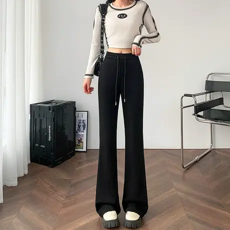黑色抽绳喇叭裤女冬季加绒新款高腰显瘦直筒窄版针织休闲微喇裤子图片