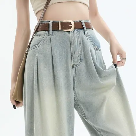 美式复古高腰阔腿牛仔裤女夏季薄款宽松显瘦垂感水洗做旧拖地裤子商品大图