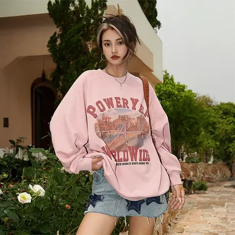 YEP脏粉色圆领卫衣女2023年新款爆款套头上衣春秋美式潮牌外套ins商品大图