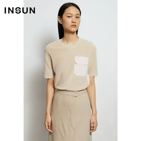 INSUN恩裳秋季口袋拼接棉质毛针织衫商品大图