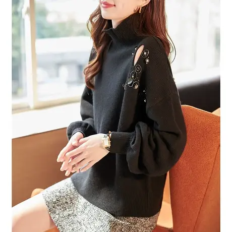 宝诗黎高领钉珠亮片镂空羊毛针织衫女2023秋冬季新款慵懒套头毛衣图片