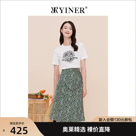 YINER音儿女装2023夏季新款纯棉针织衫短袖印花白上衣商品大图