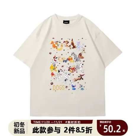迪士尼卡通狗狗情侣短袖2023夏季趣味印花男女潮纯棉复古打底衫商品大图