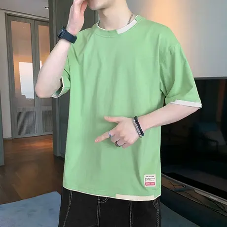 假两件圆领T恤男士短袖卫衣纯色潮牌简约百搭2023夏季新款打底衫商品大图