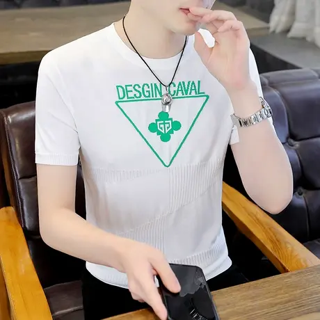 冰丝短袖t恤男款夏季潮流三角标提花刺绣上衣ins半袖薄款针织体恤图片