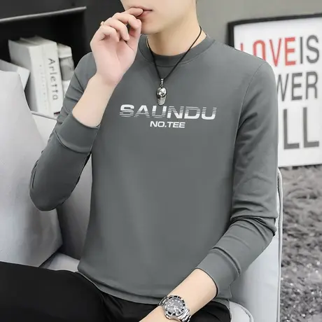 重磅纯棉t恤男士长袖宽松圆领上衣服秋季潮流印花全棉内搭打底衫商品大图