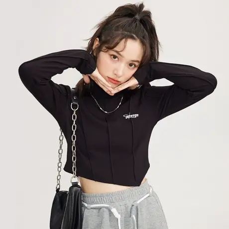 300g薄绒半高领打底衫女长袖2022年早秋款内搭t恤女修身短款上衣商品大图