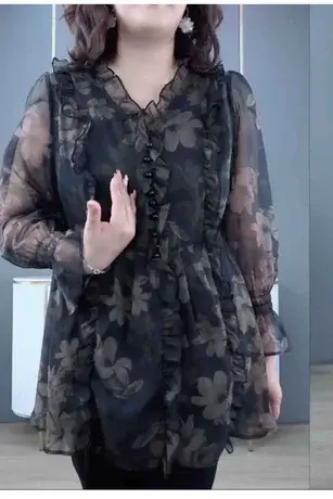 大码女装气质显瘦遮肉小衫上衣套头洋气显瘦遮肉遮肚2024春新品图片