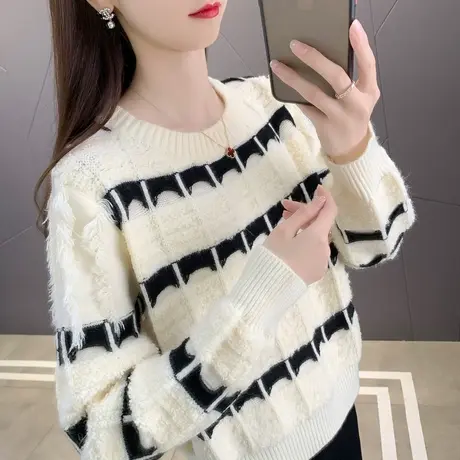 洋气拼色条纹圆领毛衣女宽松2024春季新款韩版打底针织衫上衣潮图片