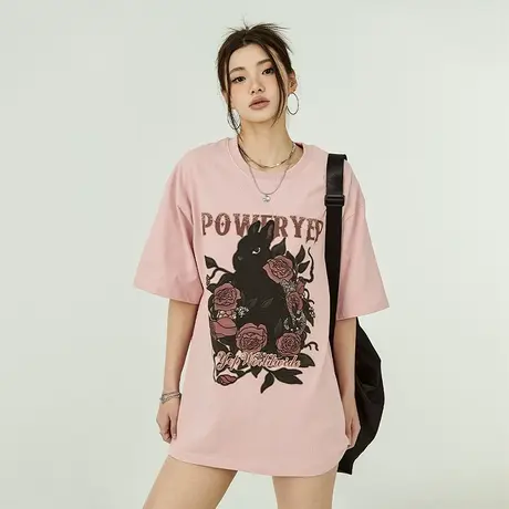 2024夏季新款复古玫瑰花短袖t恤女宽松ins潮牌情侣装美式半袖上衣商品大图