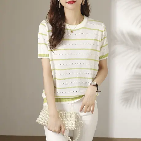 冰丝短袖t恤女2023新款夏季女装针织衫薄款半袖正肩上衣设计感ins商品大图
