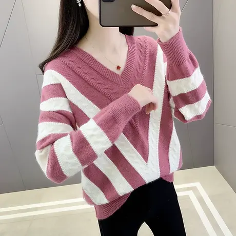 2023年秋冬装新款V领针织打底衫套头条纹毛衣女韩版宽松内搭外穿图片
