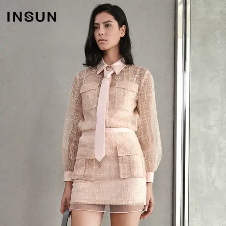 恩裳春季温柔甜美粉色网纱衬衫上衣图片