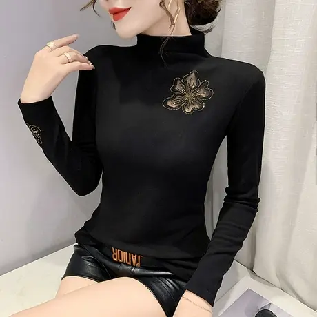 半高领加绒打底衫女秋冬德绒发热保暖长袖T恤性感镂空内搭上衣潮商品大图