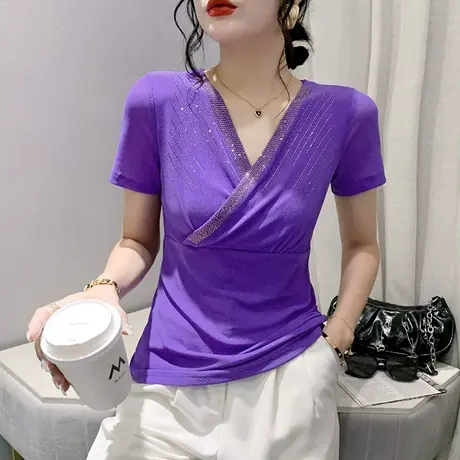 性感V领网纱上衣女短袖设计感气质烫钻T恤夏百搭显瘦小衫修身体恤图片