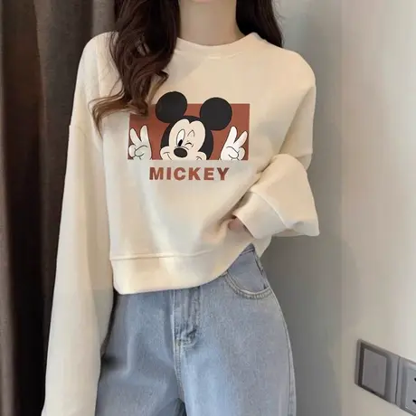 美式复古杏色卫衣女小个子短款高腰辣妹上衣秋冬薄款正肩无帽长袖商品大图