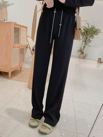 阔腿裤女秋季高腰垂感设计感链条抽绳松紧腰宽松显瘦直筒休闲裤子商品大图