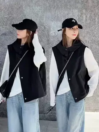 连帽黑色马甲背心女短款2023秋季新款坎肩带帽宽松马夹女上衣外套商品大图