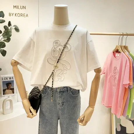 糖果色T恤上衣2021新款韩国东大门小熊水钻高品质短袖大码ins潮商品大图