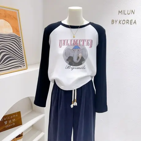 秋冬款德绒正肩修身拼色打底衫~韩代款小象双面绒插肩袖上衣T欧货商品大图