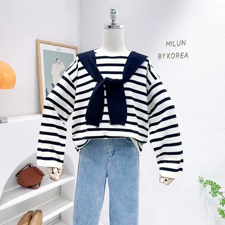 韩国东大门针织衫披肩两件套春秋新款条纹长袖毛衣海军领慵懒休闲商品大图