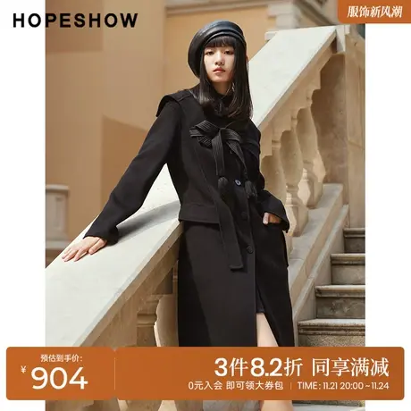红袖outlets设计感蝴蝶结翻领大衣hopeshow2023冬披肩单排扣外套商品大图