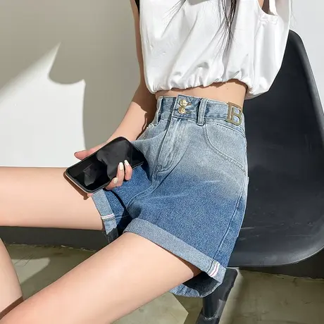 牛仔短裤女卷边2024年夏季薄款高腰a字宽松显瘦设计感渐变色热裤商品大图