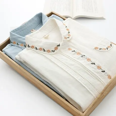 2021年春秋季日系文艺绣花双层纱纯棉白色衬衫女宽松镂空打底上衣商品大图