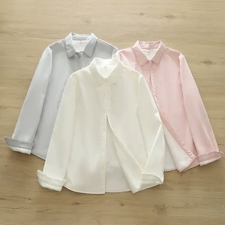 秋冬装文艺小清新蕾丝花边加绒加厚纯棉白衬衫女长袖打底保暖上衣图片