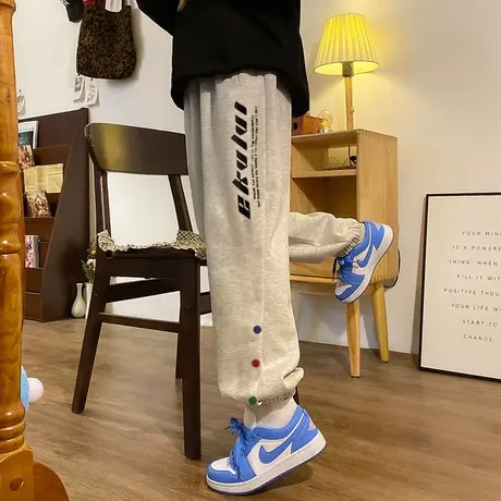 阔腿裤子女春秋宽松韩版高腰小个子卫裤显瘦休闲运动束脚裤潮ins图片