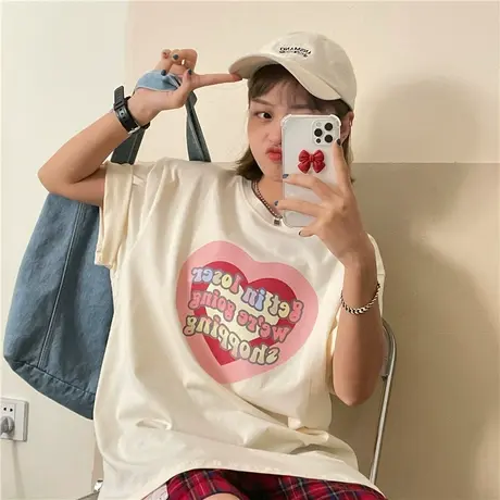 红续纯棉卡通趣味爱心纯棉短袖T恤女设计感小众韩版宽松上衣ins潮图片