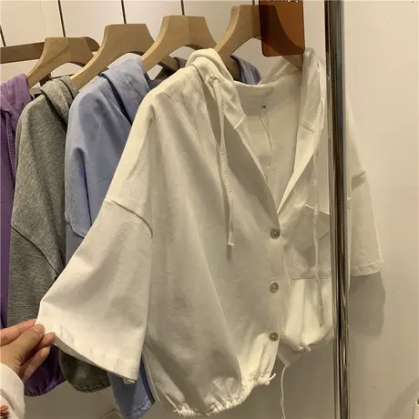 连帽短袖t恤女宽松韩版潮学生百搭半袖高腰短款开衫上衣设计感夏商品大图