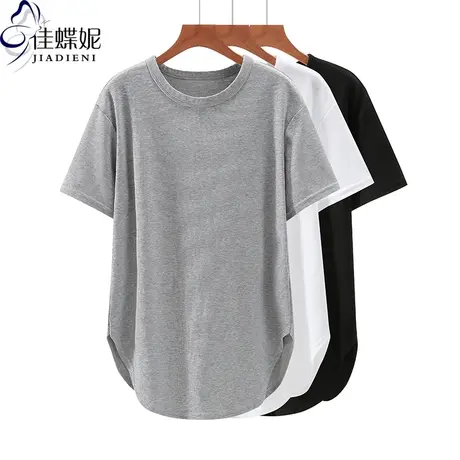 夏季新款韩版圆领宽松纯棉中长款纯色下摆圆弧休闲短袖体恤上衣女商品大图