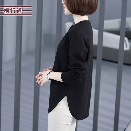 黑色中长款开叉上衣2025春季大码中年妈妈长袖T恤女装圆领打底衫商品大图