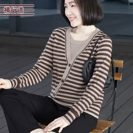 2024春季新款温柔拼接假两件撞色条纹针织宽松长袖毛衣外穿大码女商品大图