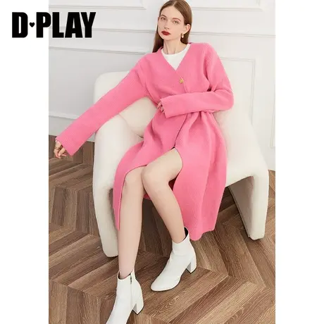 DPLAY秋装季新品时尚玫粉色直身长款双排扣定制金属纽扣针织衫商品大图