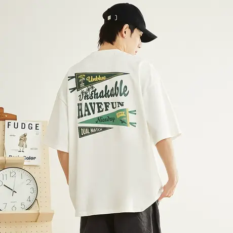 旗帜日系复古重磅纯棉白色t恤男短袖帅气潮流学生青少年夏季体恤图片