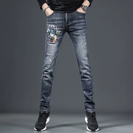 香港高端秋季牛仔裤男款2022新款个性刺绣破洞蓝色修身小脚裤子男商品大图