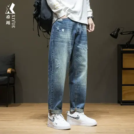希越刮烂破洞复古牛仔裤男秋冬重磅直筒长裤宽松大码胖子简约男裤商品大图