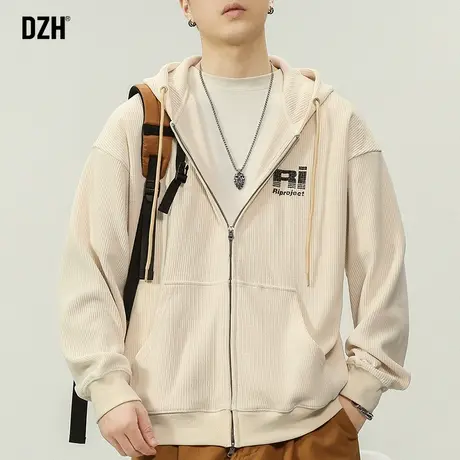 男士拉链卫衣开衫外套男春秋潮高级感2023新款杏色重磅上衣连帽衫商品大图